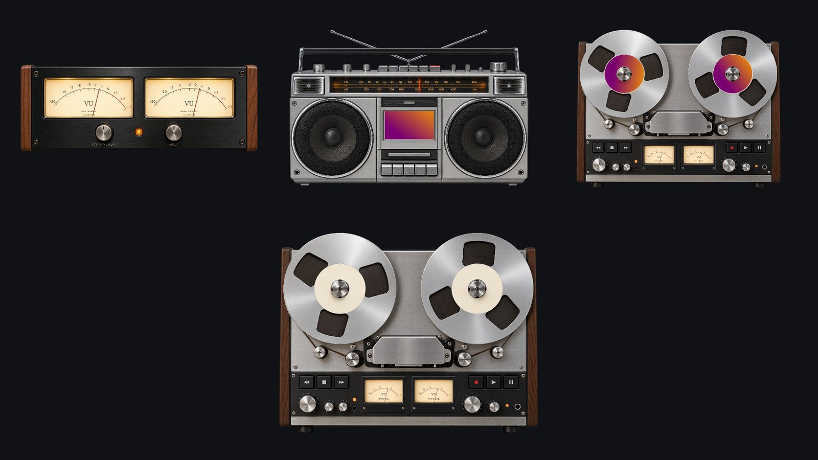 The analog prop family: VU meters, boombox, reel-to-reel