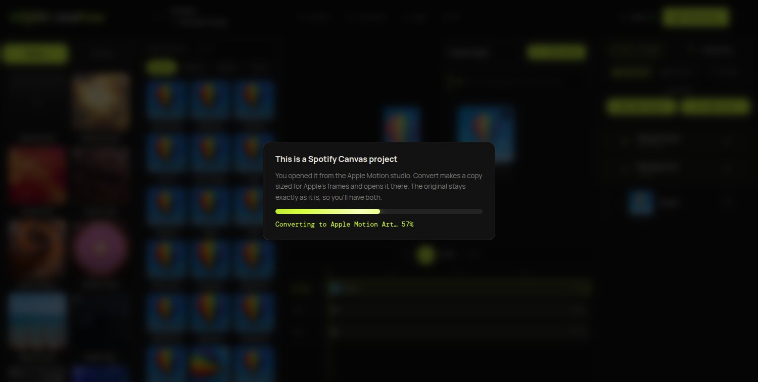 The one-click conversion resizing a Spotify Canvas project into Apple's frames