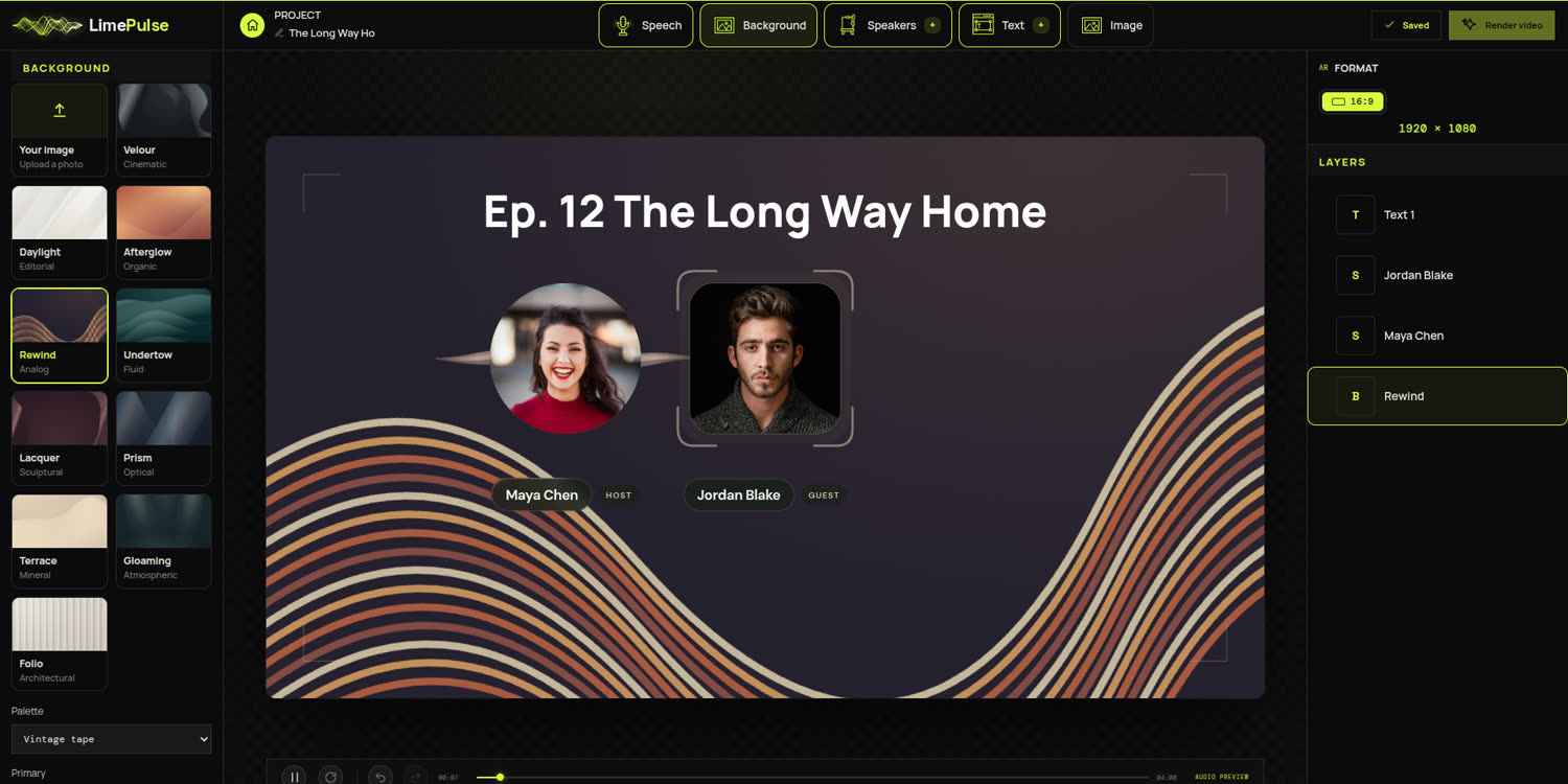 The Background panel: ten animated scenes plus a Your image card, with an episode on the stage