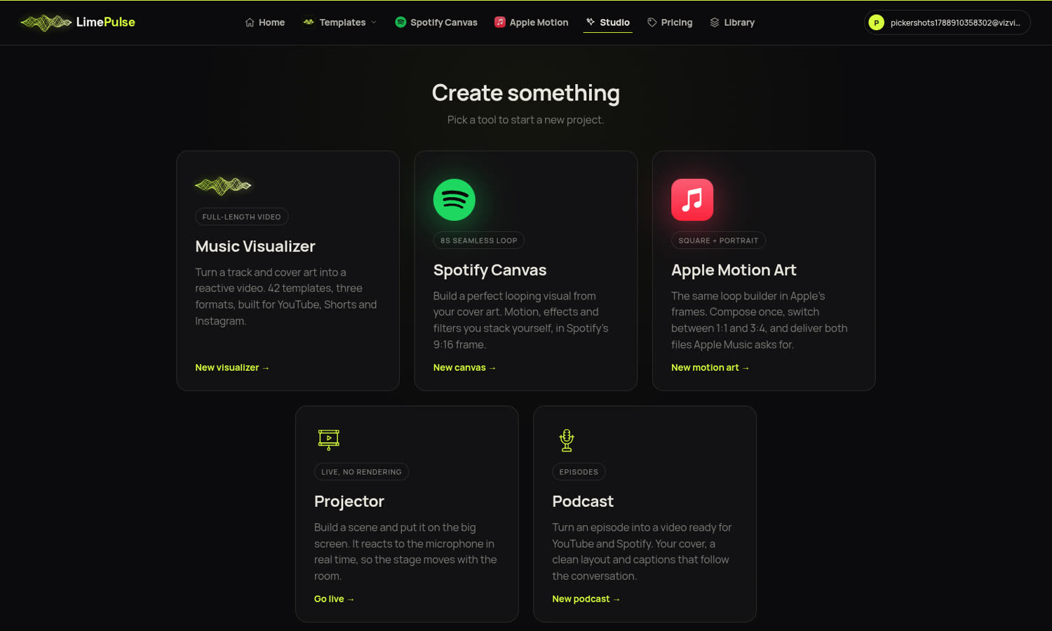 The LimePulse tool picker with Music Visualizer, Canvas, Motion, Stage and Podcast