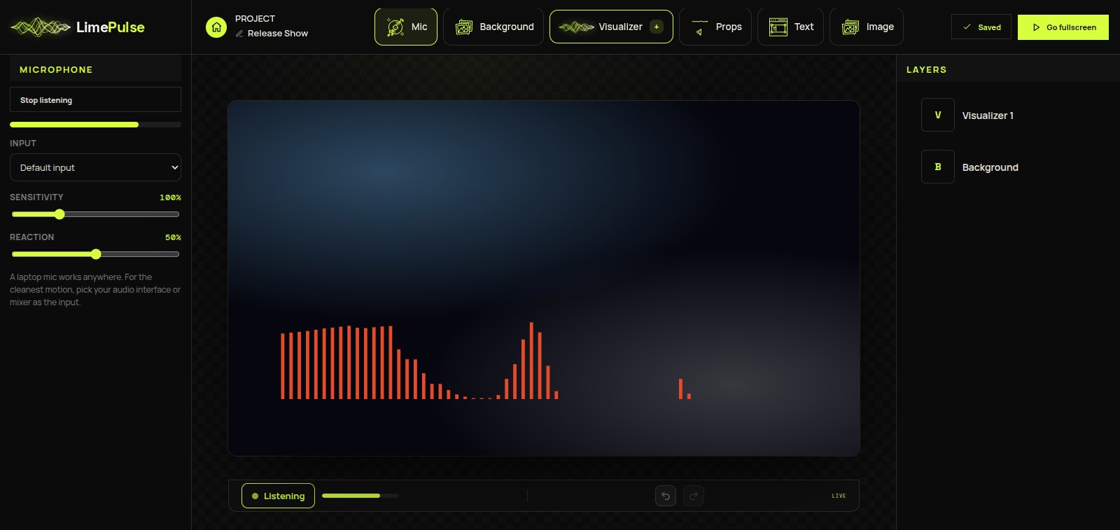 Mic input, sensitivity and reaction controls beside a live-reacting stage