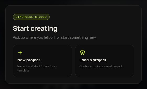 LimePulse start screen with New project and Load a project options
